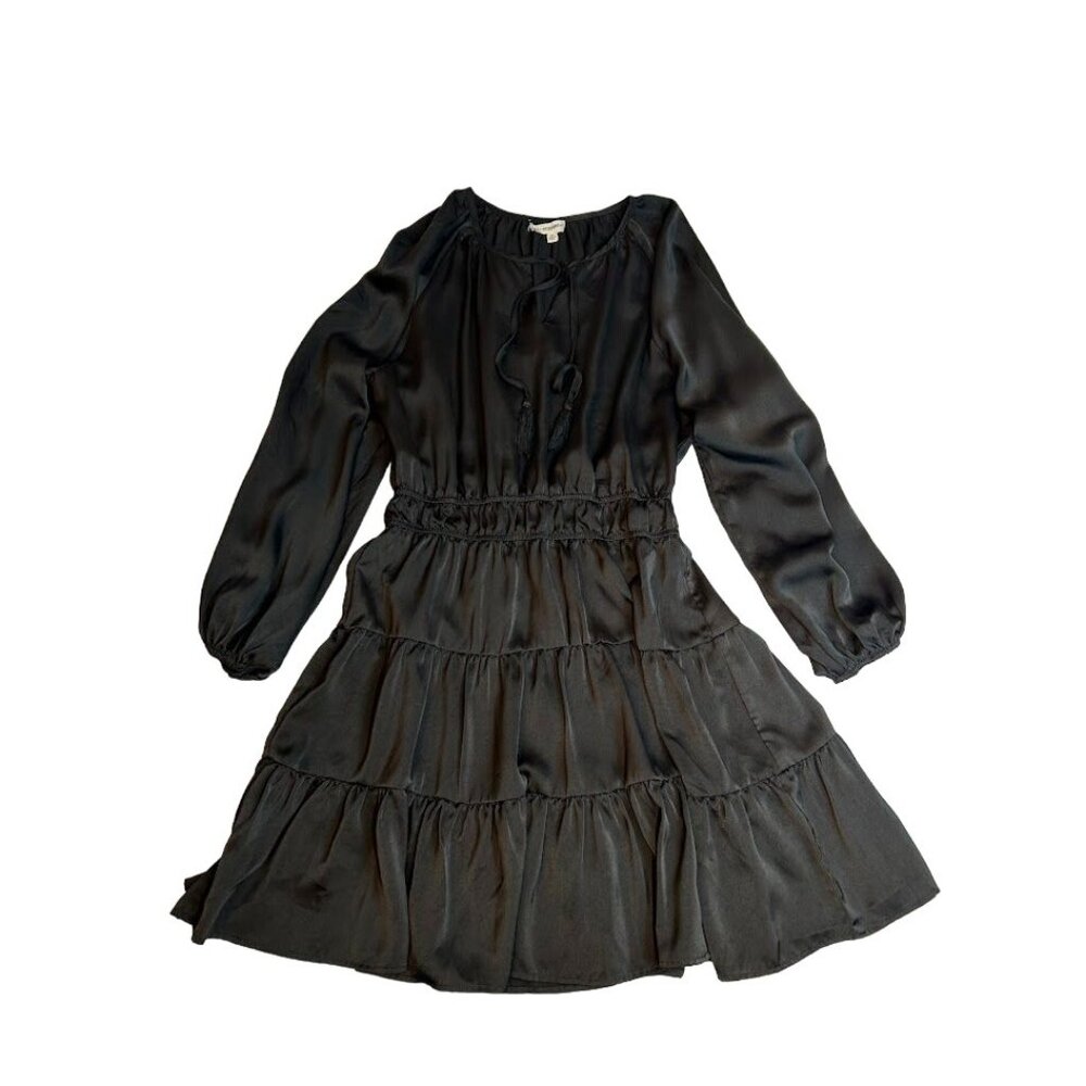 Ee:some Black Tiered Long Sleeve Dress M Tassel Tie‎ Front Knee Length